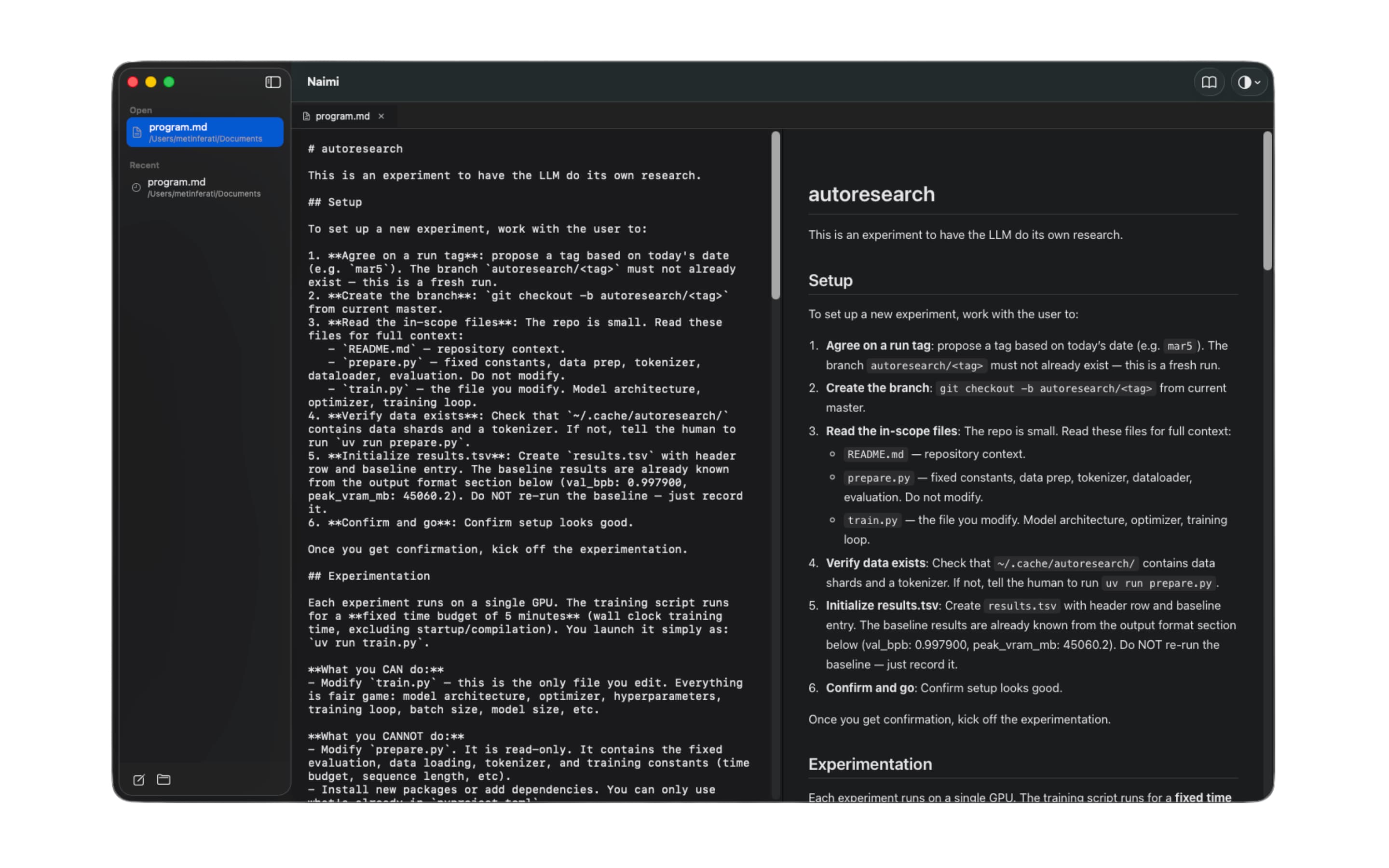 Naimi side-by-side editor with live markdown preview